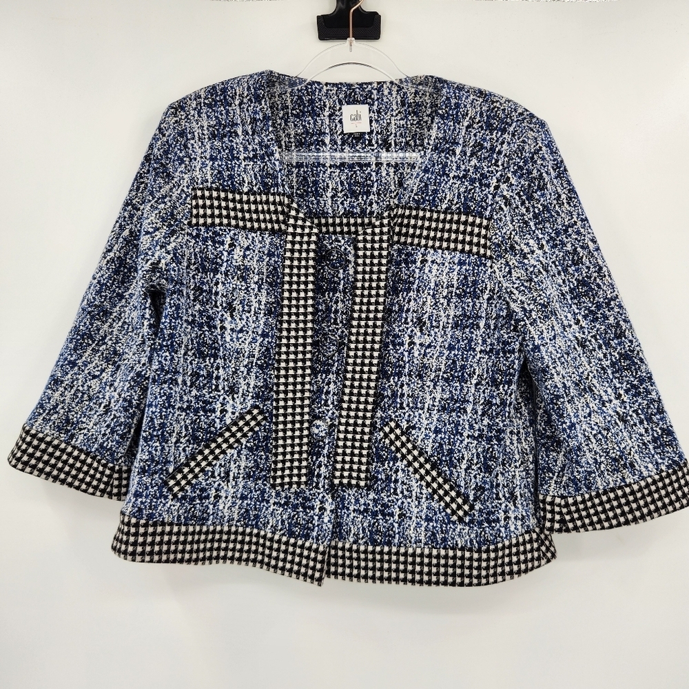Cabi Reina 21 Club Jacket Womens Size Large Blue Tweed Black Checked Trim